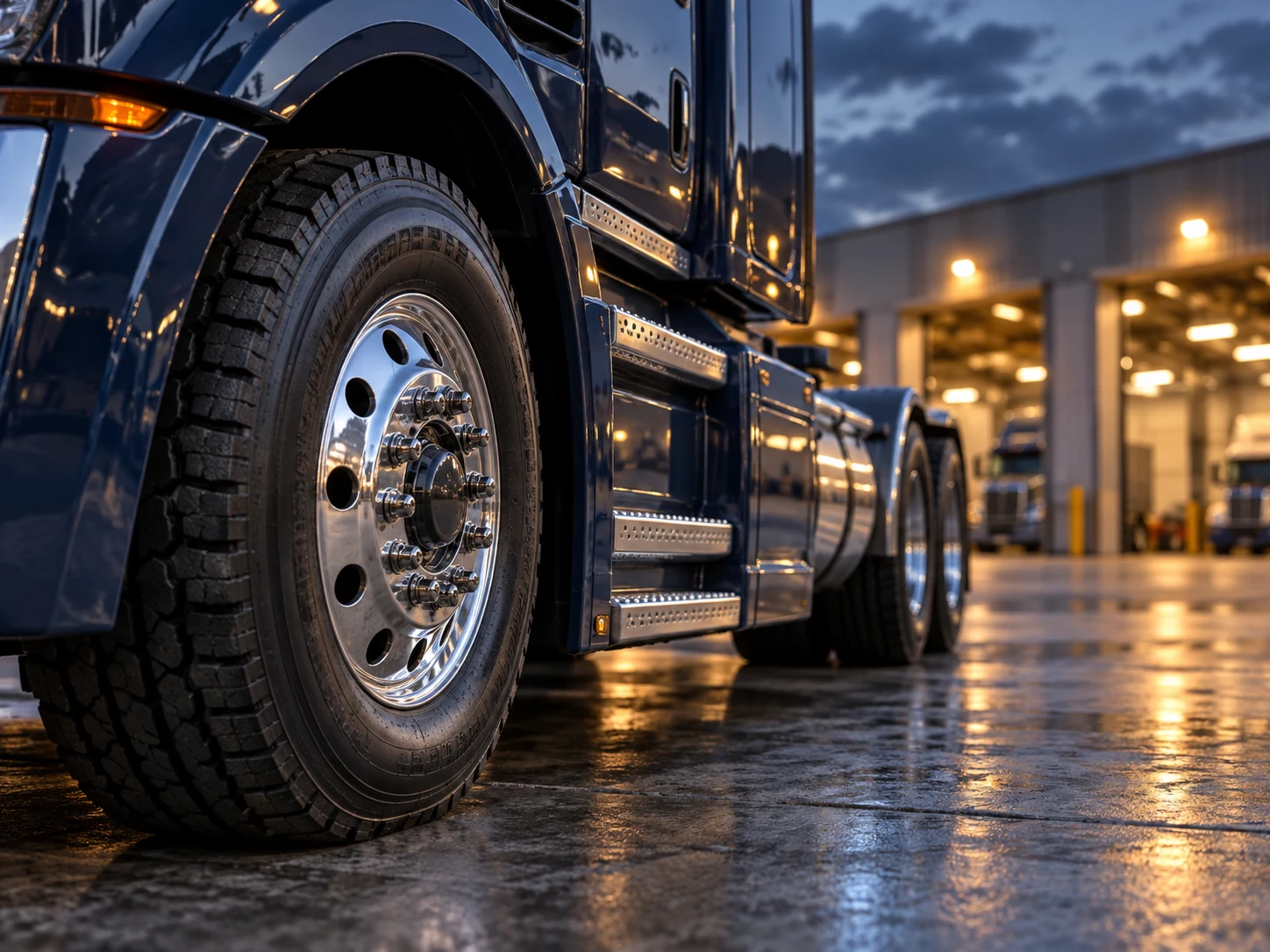 KI-generiertes Detailmotiv: Rad und metallische Trittstufen eines Nutzfahrzeugs